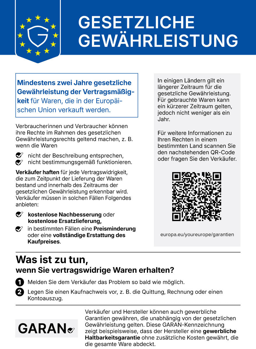 EU-Hinweis: Mindestens zwei Jahre gesetzliche Gewährleistung für Waren, die in der Europäischen Union verkauft werden
