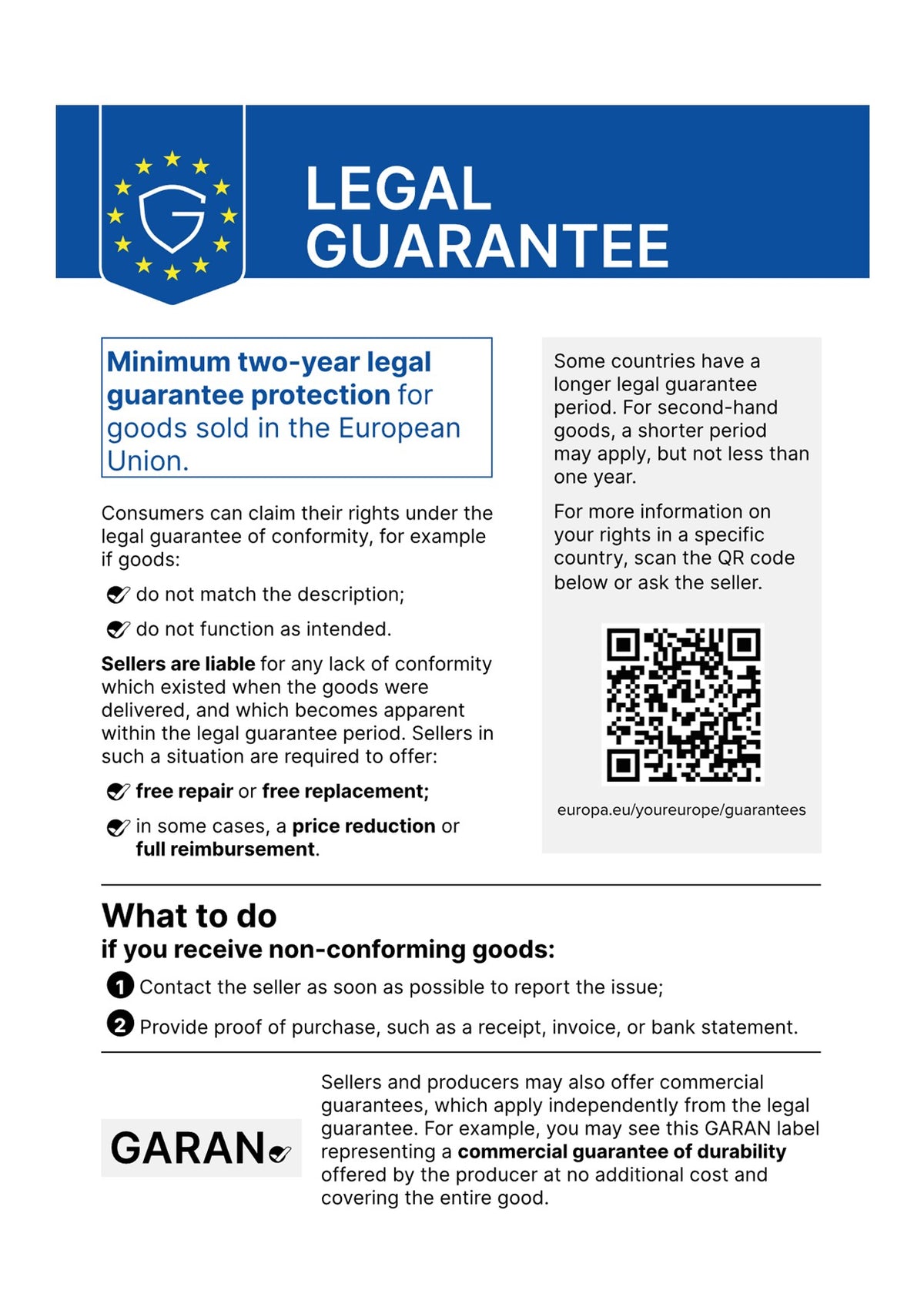 EU notice: Minimum two-year legal guarantee protection for goods sold in the European Union