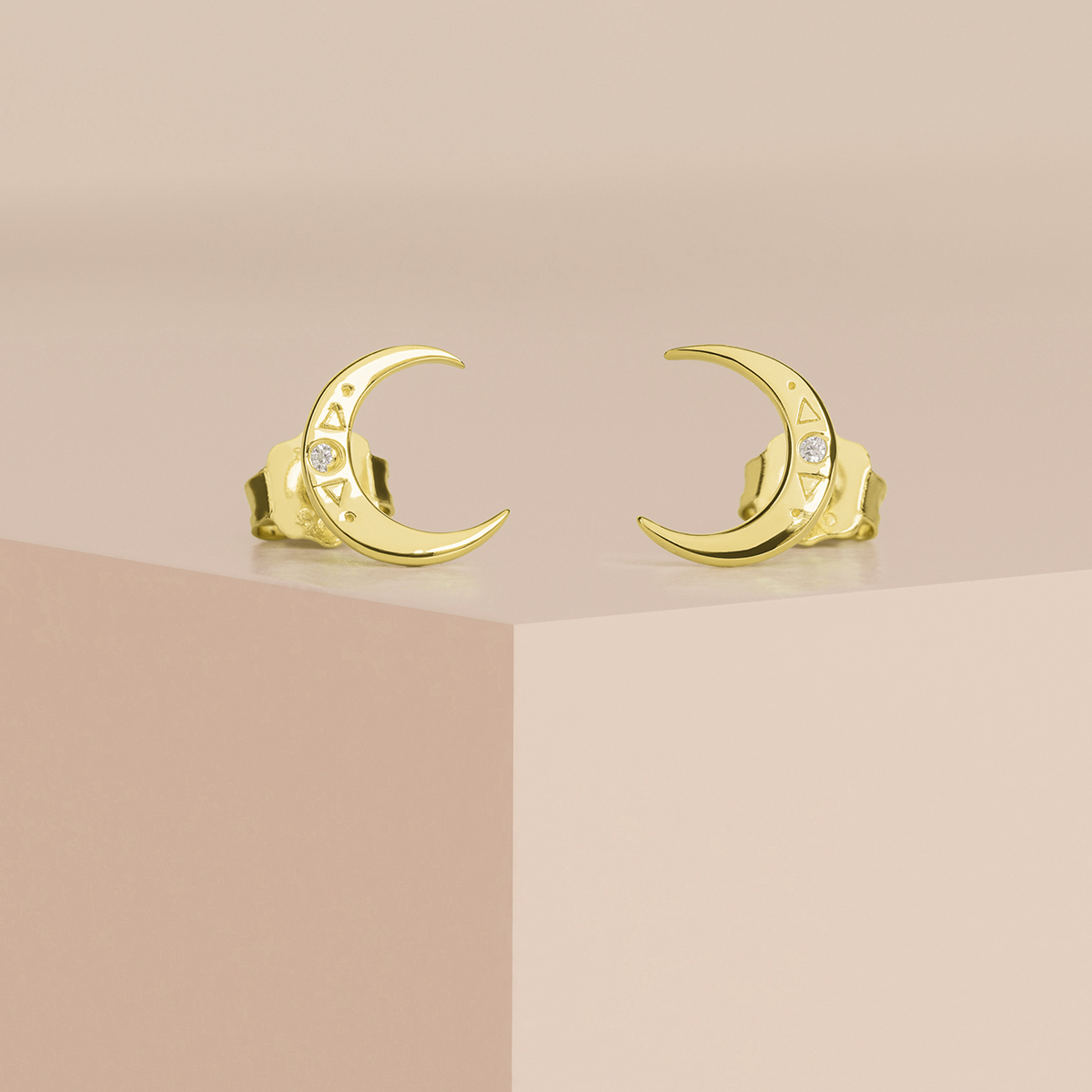 Damen-Ohrstecker mit Mond-Motiv Gold und Zirkonia Steinen von Amor Echtschmuck