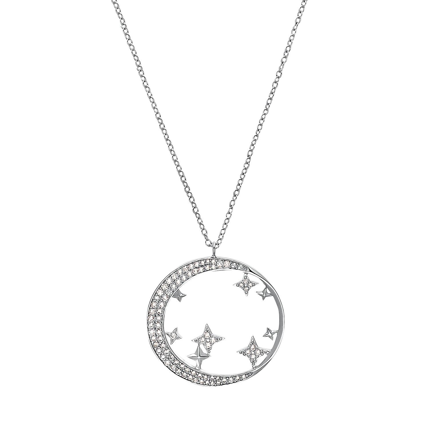 Kette mit Anhänger für Damen, Sterling Silber 925 rhodiniert, Zirkonia (synth.) |Mond/Sterne